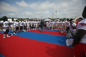 Members of the Vicksburg High, PCA, St. Aloysius and Warren Central football teams square off Saturday morning during the 16th annual City Wide Pep Rally at the Outlets of Vicksburg. (Justin Sellers/The Vicksburg Post)