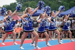 PCA cheerleaders perform a routine Saturday morning during the 16th annual City Wide Pep Rally at the Outlets of Vicksburg. (Justin Sellers/The Vicksburg Post)
