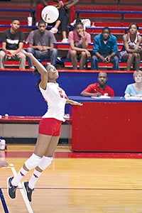 Warren Central volleyball player Kayla Mayfield leaps to strike the ball Thursday against Vicksburg. (Justin Sellers/The Vicksburg Post)