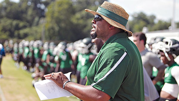 Vicksburg head football coach Marcus Rogers leads the team during practice Friday afternoon at Memorial Stadium. (Justin Sellers/The Vicksburg Post)