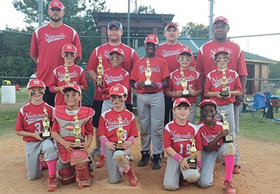 Naturals Baseball, an 8-and-under coach pitch tournament team, won the Class AA Fall State Championship last weekend in Brandon. The Naturals went 4-1 in the tournament and beat the Northwest Rankin Crush 12-11 in the championship game. Team members are, front row from left, Wesley Bailess, Nick Shelton, Vaughn Hynum, Evan Gordon and Ryan Nelson. Middle row, Maddox Lynch, Mincer Minor, Tyler Carter, Thompson Fortenberry and Carson Smith. Back row, manager Wayne Lynch, and coaches Chris Hynum, Jason Gordon and Mincer Minor. (Submitted to The Vicksburg Post)