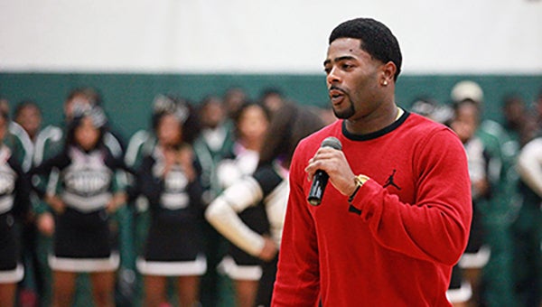 BUTLER’S DOING IT: New England Patriots rookie cornerback and former Vicksburg High star Malcolm Butler speaks to VHS students at a pep rally.