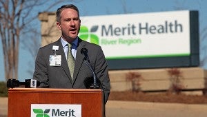 Merit Health River Region CEO Greg Pearson speaks Monday morning during the formal announcement of the hospital's new name. (Justin Sellers/The Vicksburg Post)