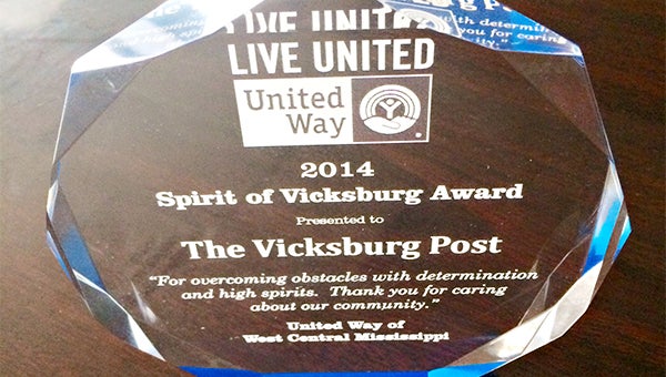 The United Way of Central Mississippi's Spirit of Vicksburg Award.