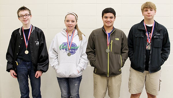 Eighth-grade wommers from left, First place, Clark Hensley, Clinton Junior High; second place, Autumn Cochran, Warren Central Junior High; third place, R.J. Willis, Scholastic Academic; fourth place, Will Duke, Clinton Junior High.