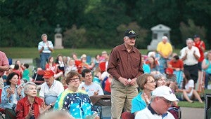HONORED: Al Sheffield of Edwards stands with other Army veterans during the playing of the Army song Saturday night at Vicksburg National Military Park.