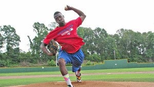Clyde Kendrick throws a warmup pitch at Bazinsky Field. The former Vicksburg High star was selected by the Texas Rangers in the 27th round of the Major League Baseball draft earlier this month. 